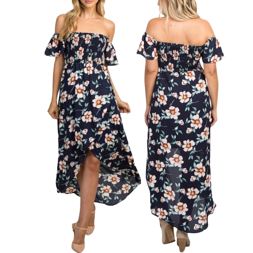 Women Maternity Dress, Short Sleeve Off-shoulder Flower Print Swing Dress Pregnancy Dress