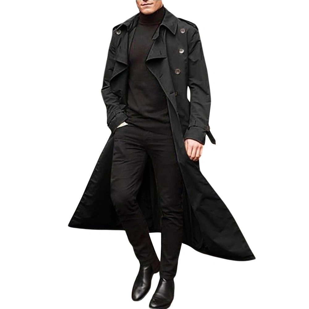 Men's Long Windbreaker Solid Color Double-Breasted Trench Coat Trend Casual Personality Temperament Jacket with Belt