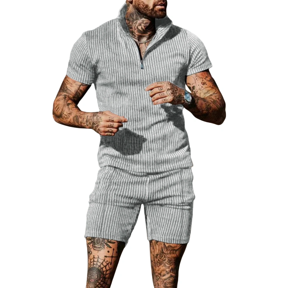 Men Shorts Set, Short Sleeve Shirt with Elastic Waist Shorts Striped 2-piece Outfit Summer Outfit