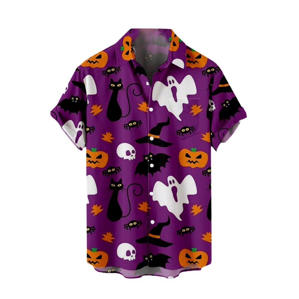 Men's Halloween Casual Shirt, Cartoon Print Lapel Collar Short Sleeve Button-Down Loose Simple Blouse