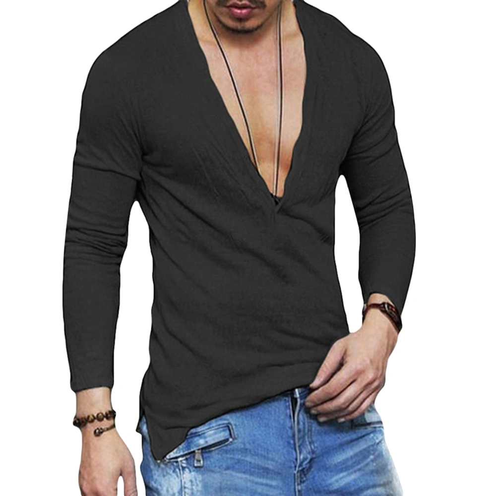 Men’s T-shirt, Long Sleeve V Neck Button Closure Solid Fall Tops Streetwear for Casual Daily