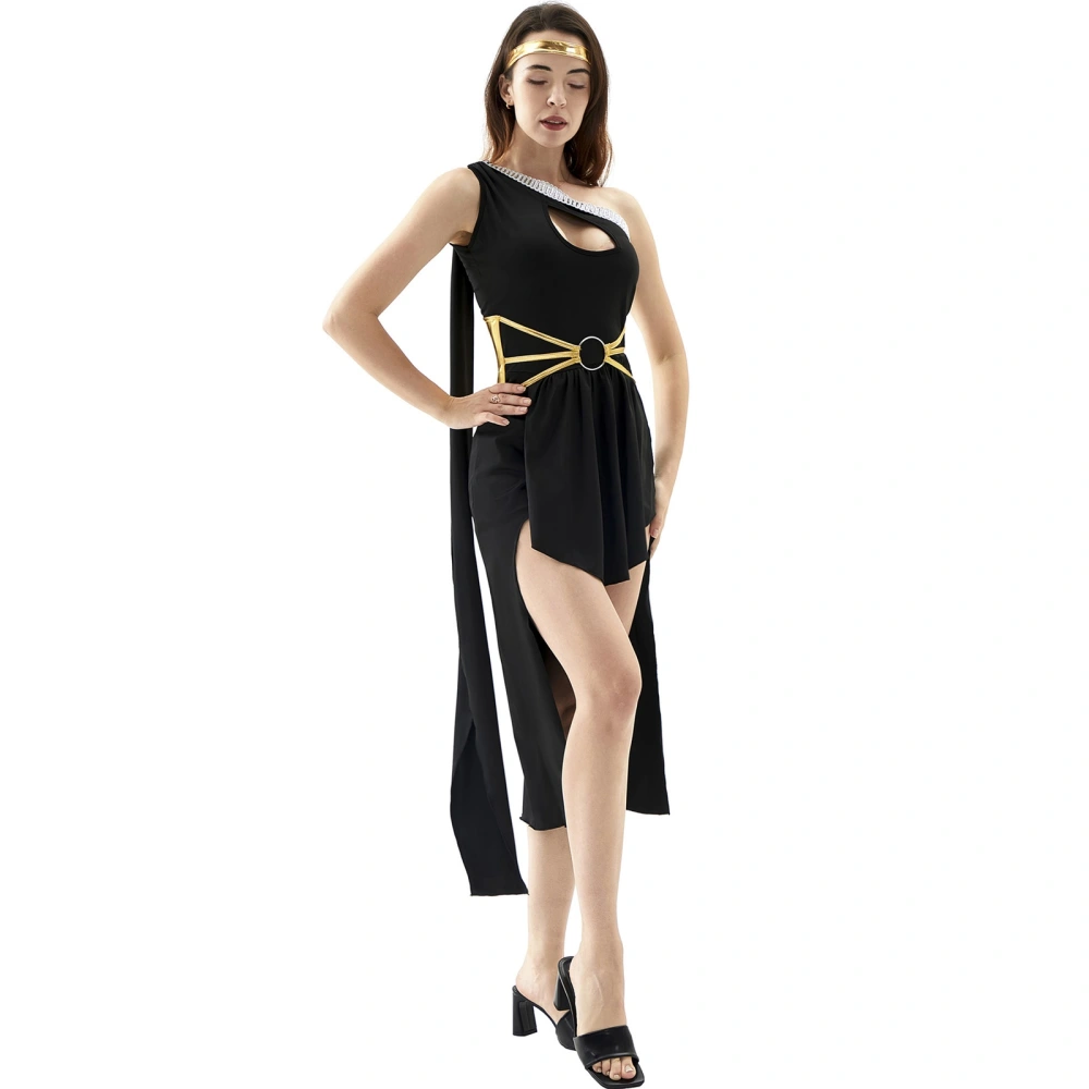 Women Halloween Dress, Goddess One-shoulder Patchwork Irregular Long Dress Cosplay Dress with Headband