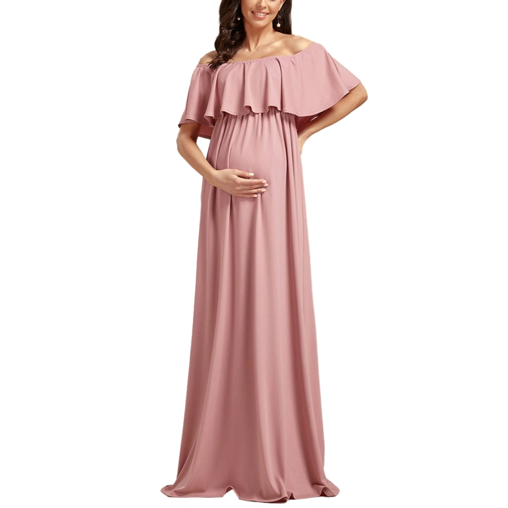 Women Maternity Off-Shoulder Dress Solid Color Ruffled Casual Long Dress for Photoshoot Pregnancy Clothes