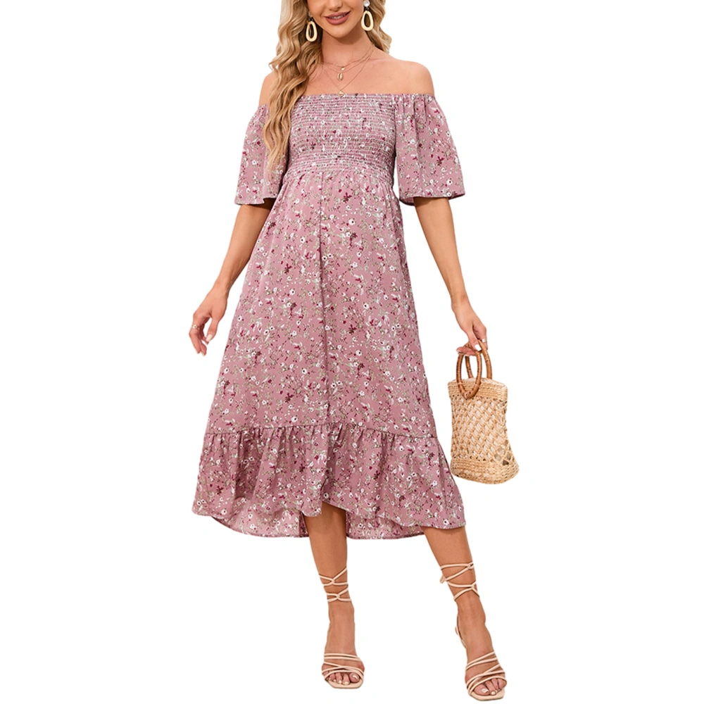 Women Maternity Dress, Short Sleeve Off-shoulder Flower Print Swing Dress Pregnancy Dress