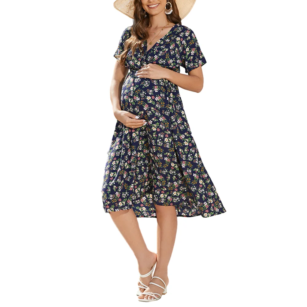 Women's Summer Casual Pregnancy Dress Short Sleeve V Neck Floral Baby Shower Dress