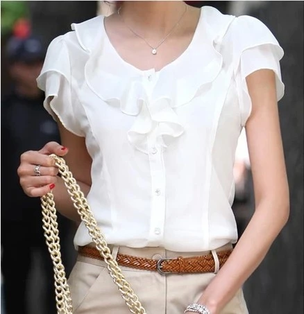 Spring Summer New Women Clothing Girl Casual Bow tie Short Sleeve Chiffon Blouse & Shirt Office Lady Ruffles Formal Tops