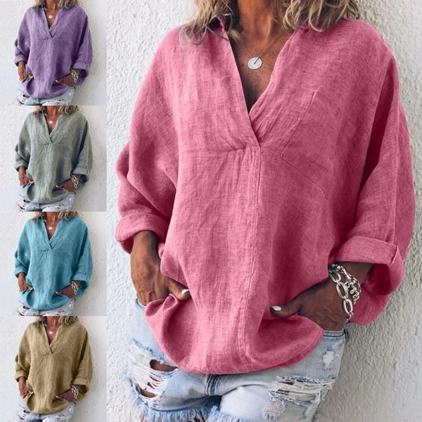 Plus Size Fashion Clothes Women's Tops Long Sleeve Chiffon Blouses Ladies Loose T-shirts Solid Color Deep Linen V-neck Blouses XS-8XL