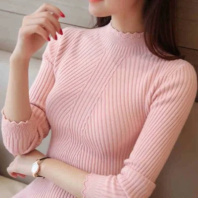 winter women ladies long sleeve turtleneck slim fitting knitted thin sweater top femme korean pull tight casual shirts