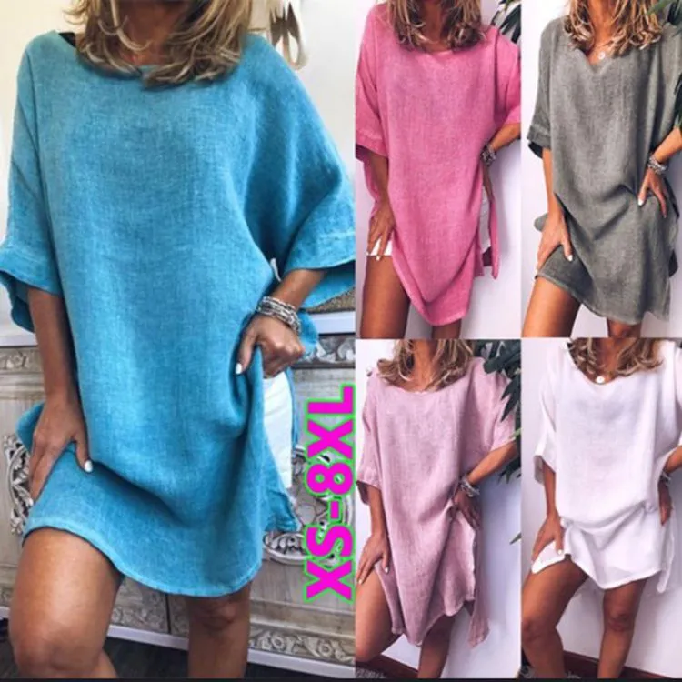 XS-8XL Plus Size Fashion Summer Clothes Women's Casual Short Sleeve Oversized Long Blouses Ladies Solid Color T-shirt Dress Loose Linen Dresses Side Slit Beach Wear Party Dress