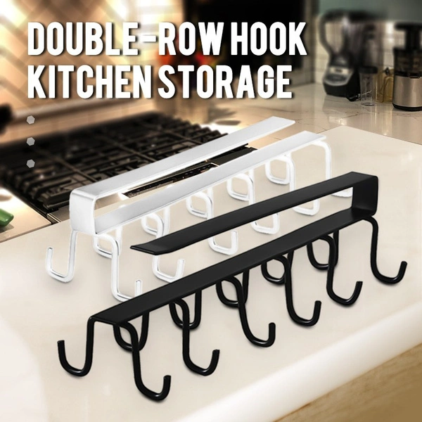 1PC 6 Hook Household Punch-free Wall Cabinet Hook Single/Double-row Hook Hanging Cup Holder Kitchen Iron Hook Rack Wall-Mounted Storage Rack for Rags Cups Spoons