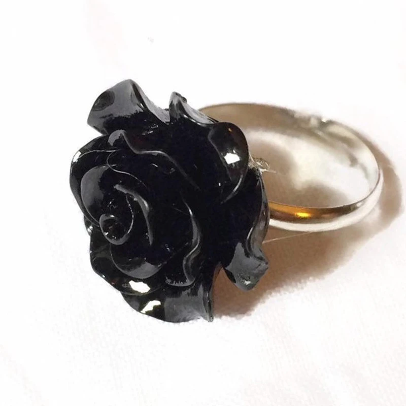 Gothic Black Flower Adjustable Ring Resin Shape Metal Vintage Jewelry