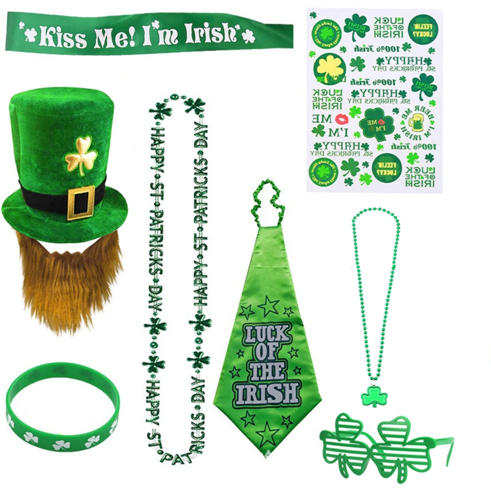 Irish Festival Costume Accessory Set Clover Top Hat with Mustaches and Bracelet Glasses Necklace for Party Favors