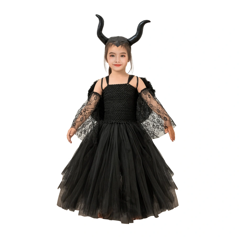 Halloween Villain Costume for Girls, Deluxe Magic Witch Costume with Horn Headband Set