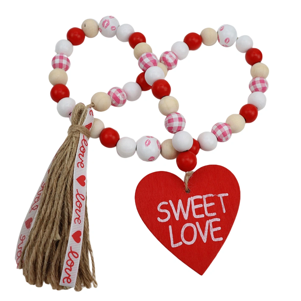 Valentine's Day Pendant Bead String, Letter Print Heart Shape Contrast Color Wooden Beads Decoration with Rope Tassel