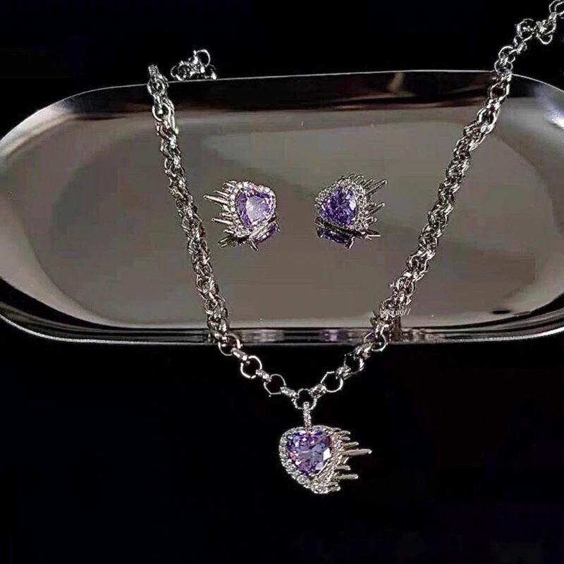 Women Fashion Vintage Crystal Purple Heart Necklace Earrings