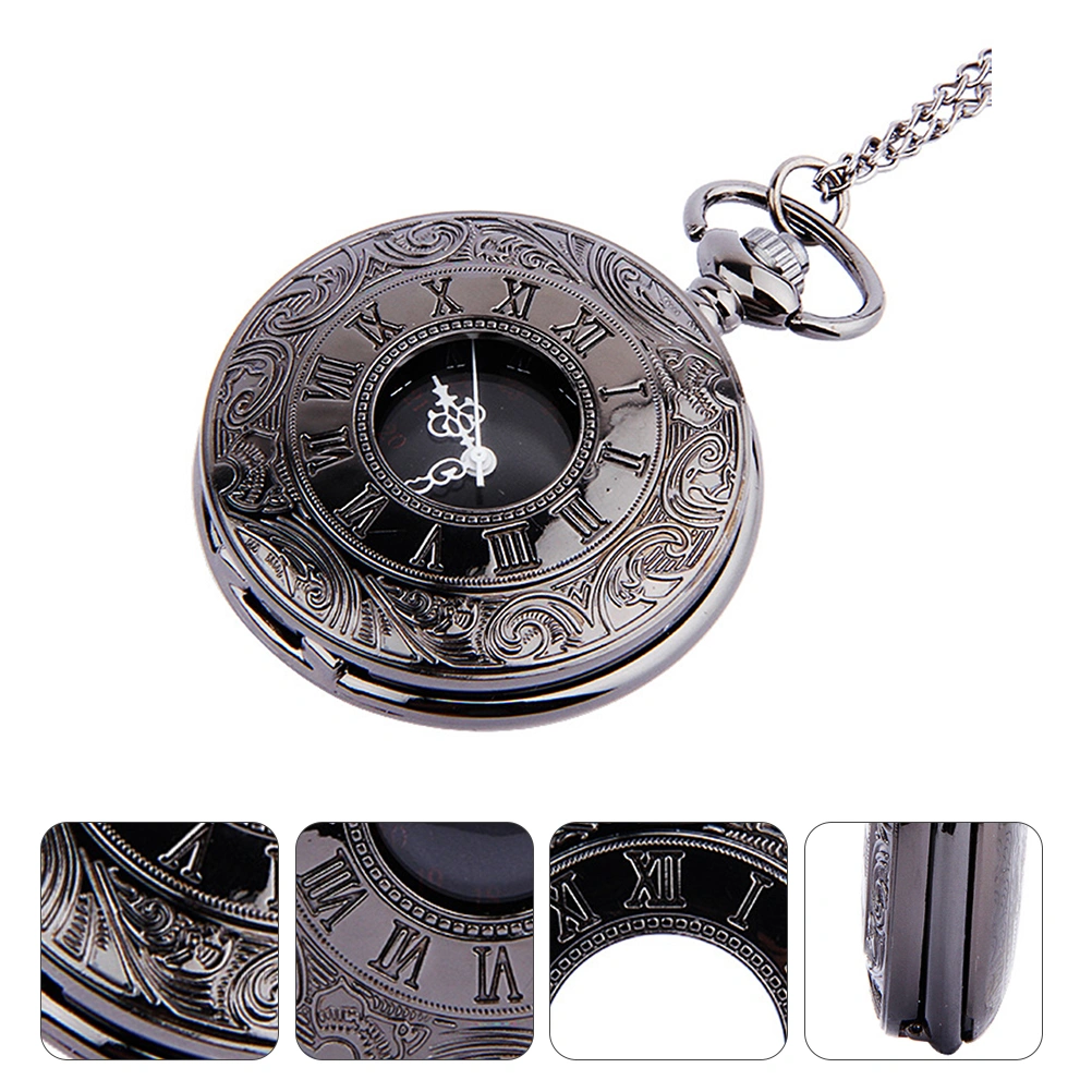 1Pc Round Pocket Watch Retro Classic Dual Display Roman Arabic Numerals Dial Watch Pocket Watch Steampunk (Black Thick Chain)