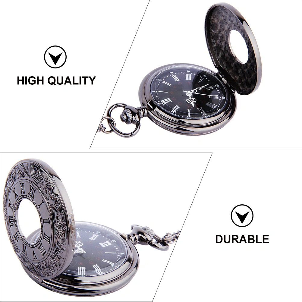 1Pc Round Pocket Watch Retro Classic Dual Display Roman Arabic Numerals Dial Watch Pocket Watch Steampunk (Black Thick Chain)