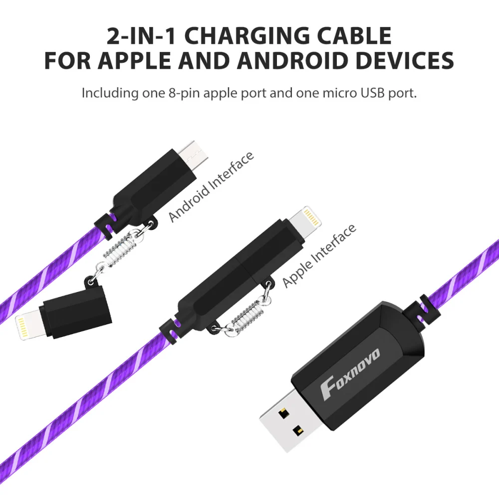 Foxnovo Visible EL Flowing Light Charging Cable & Micro USB Charge and Sync EL Light Cable Light up Charging Sync Data Cable for Android and i-Product (Purple)