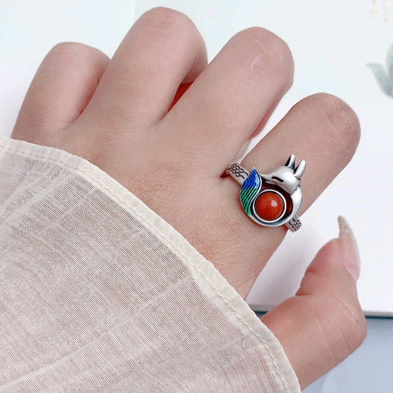 Women's Red Agate Cute Fox Adjustable Ring