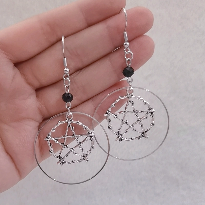 R Gothic Pagan Jewelry Halloween Gift Earrings Silver Circle Pentagram Earrings