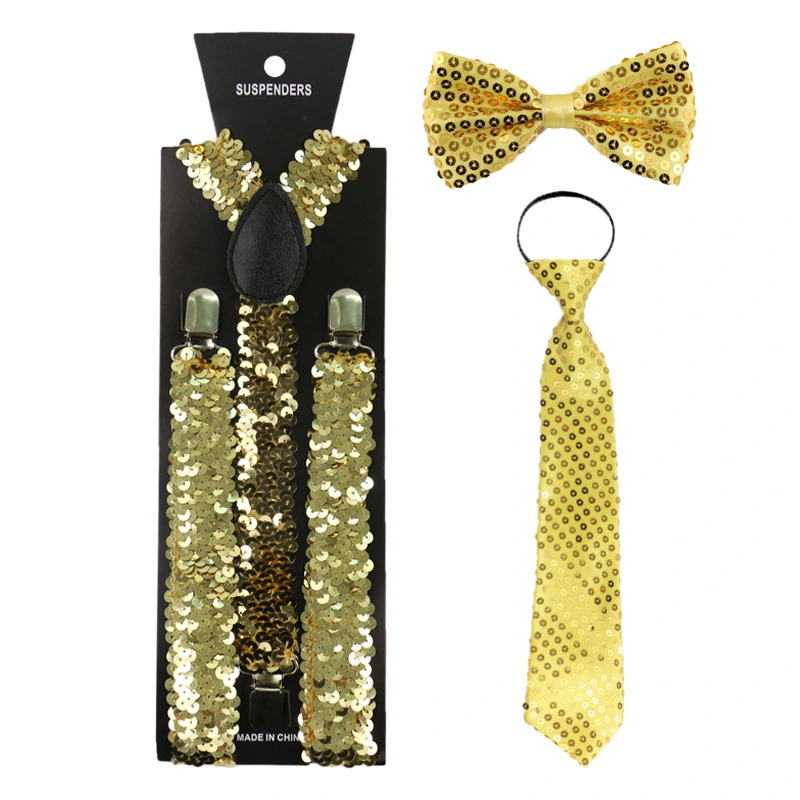 Adult Strap Three Clip Women's Luminous Sequins Fish Scale Elastic Suspenders Bow Tie Tie Three-piece Set