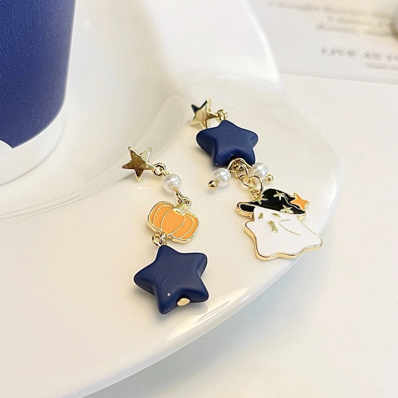 Funny Ghost Design Ear Studs Ins Style Contrast Color Asymmetric Pumpkin Earrings