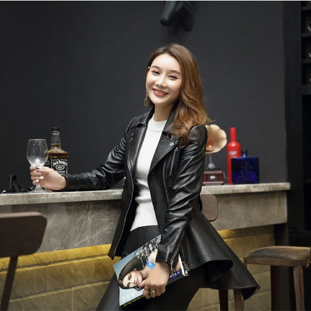 Women's Fashion Ruffles Leather Coat