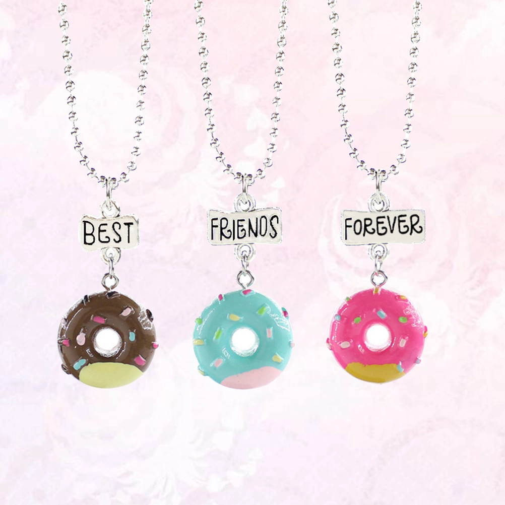 3Pcs Children's Friendship Necklace Set Donut Shaped Pendants Good Friend Alloy Necklaces with Engraving Words(As Shown)