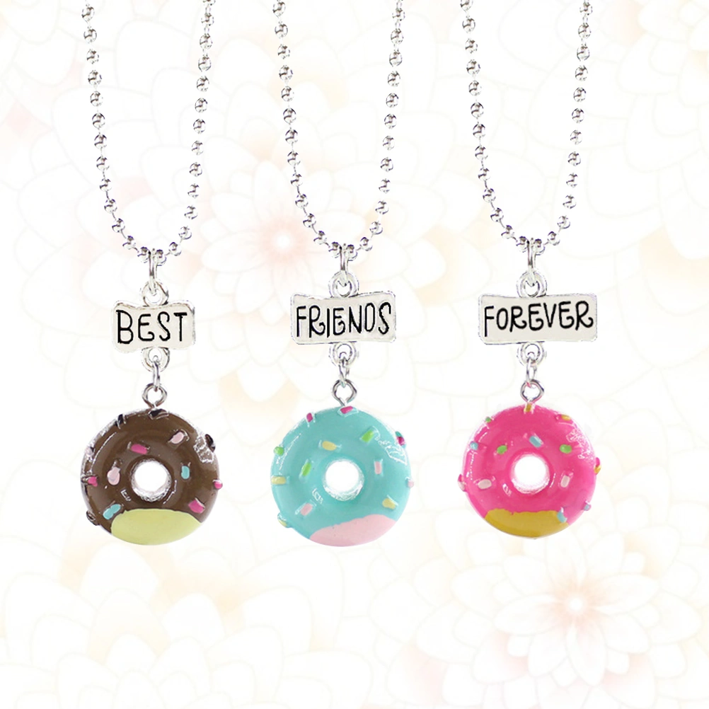3Pcs Children's Friendship Necklace Set Donut Shaped Pendants Good Friend Alloy Necklaces with Engraving Words(As Shown)