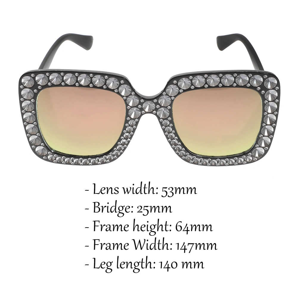 Women Oversized Square Crystal Rhinestone Thick Frame Sunglasses UV Protection Sunglasses (Black Frame Orchid Pink Lens)