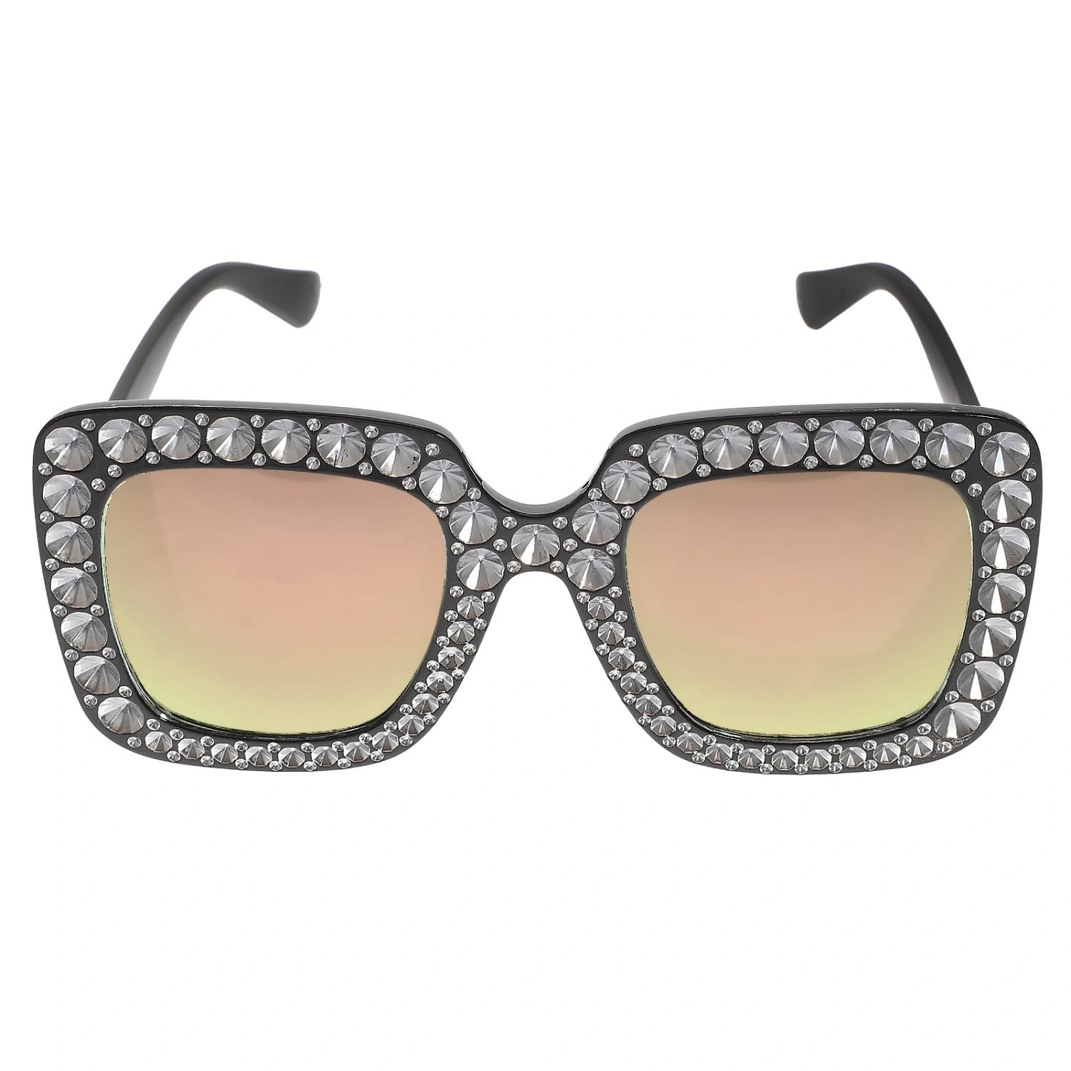 Women Oversized Square Crystal Rhinestone Thick Frame Sunglasses UV Protection Sunglasses (Black Frame Orchid Pink Lens)