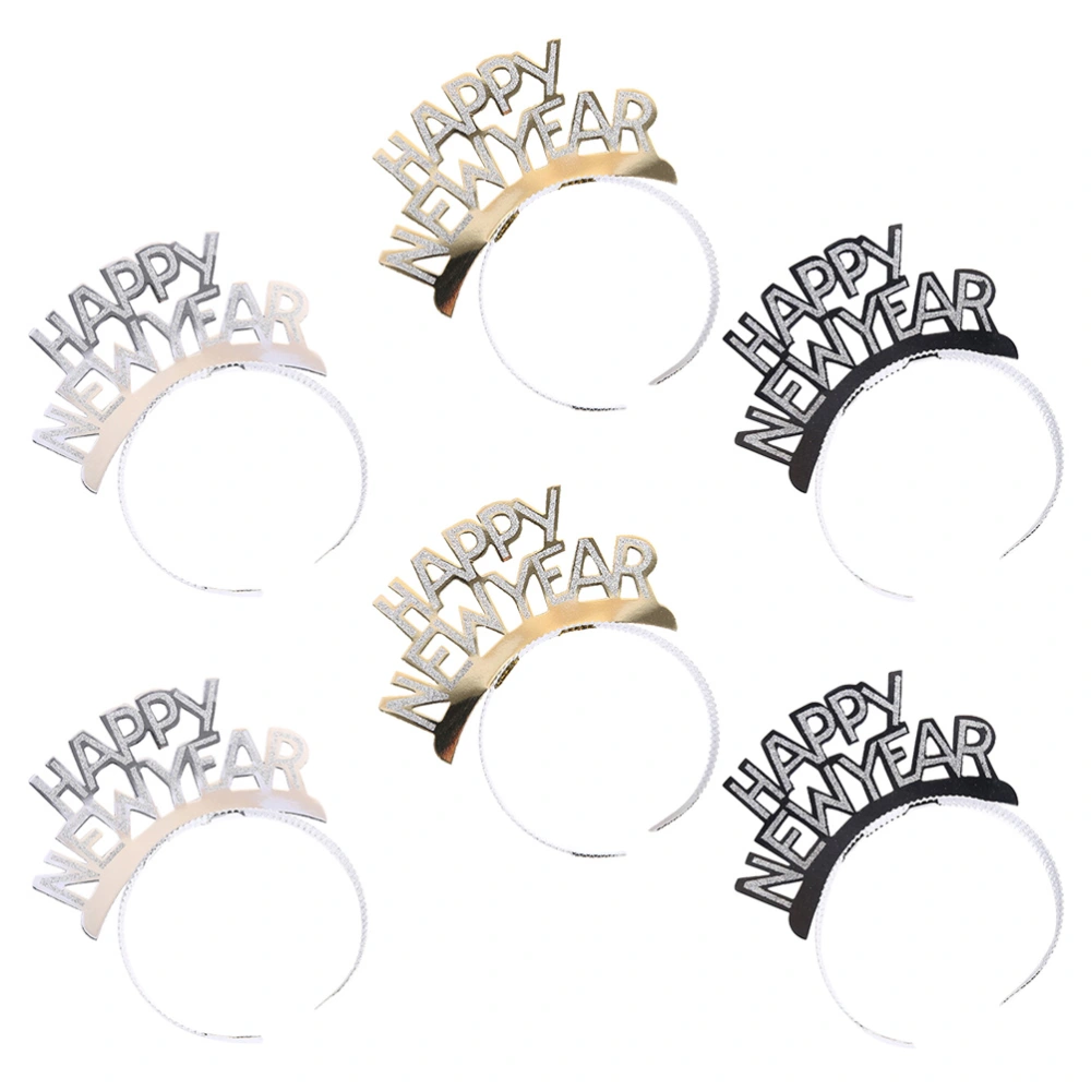 6pcs Headband Happy New Year Letters Hair Headdress New Year Party Kids Party Hair Accessories (Golden Silver Black Mixed)