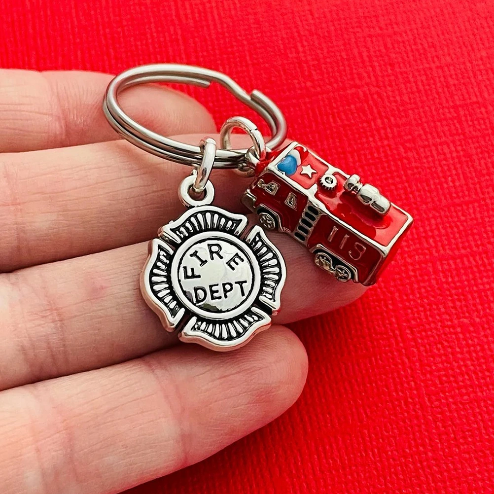 Fire Truck Keychain Fire Engine Key Ring Decorative Badge Pendant Metal Bag Key Pendant