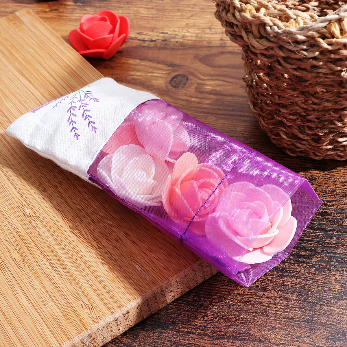 Vosarea 30pcs Empty Sachets Bag Flower Printing Fragrance Lavender Sachet Bag Purse (New Style) - Deep Purple
