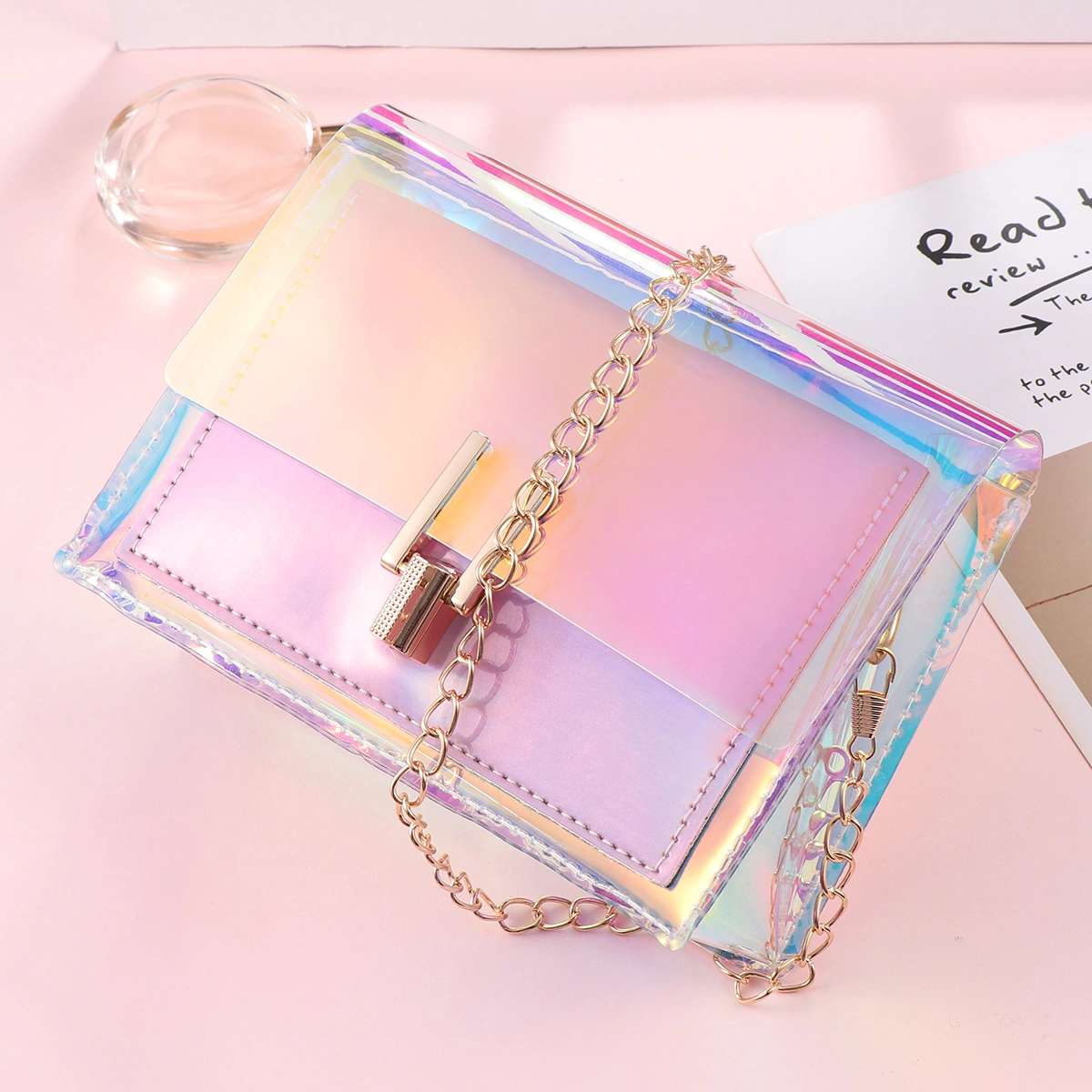 BESTOYARD Women Transparent Handbag Colorful Chain Bags Rainbow Purses Clear Jelly Mini Bag (Pink)