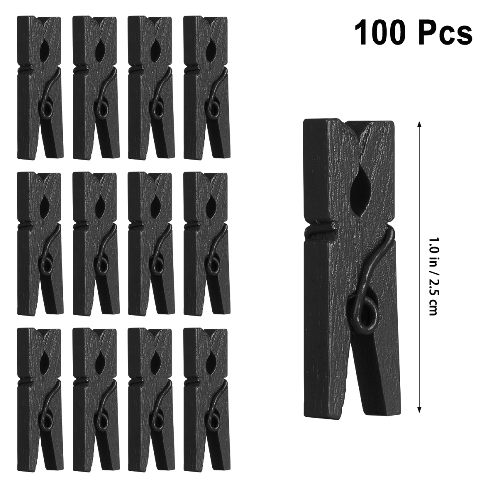 Vosarea 100PCS Mini Natural Wooden Paper Clips Utility Versatile Clothespin Clips Picture Photo Cable Pictures Organizer Clips for Hanging Photos Painting Artwork (Black)