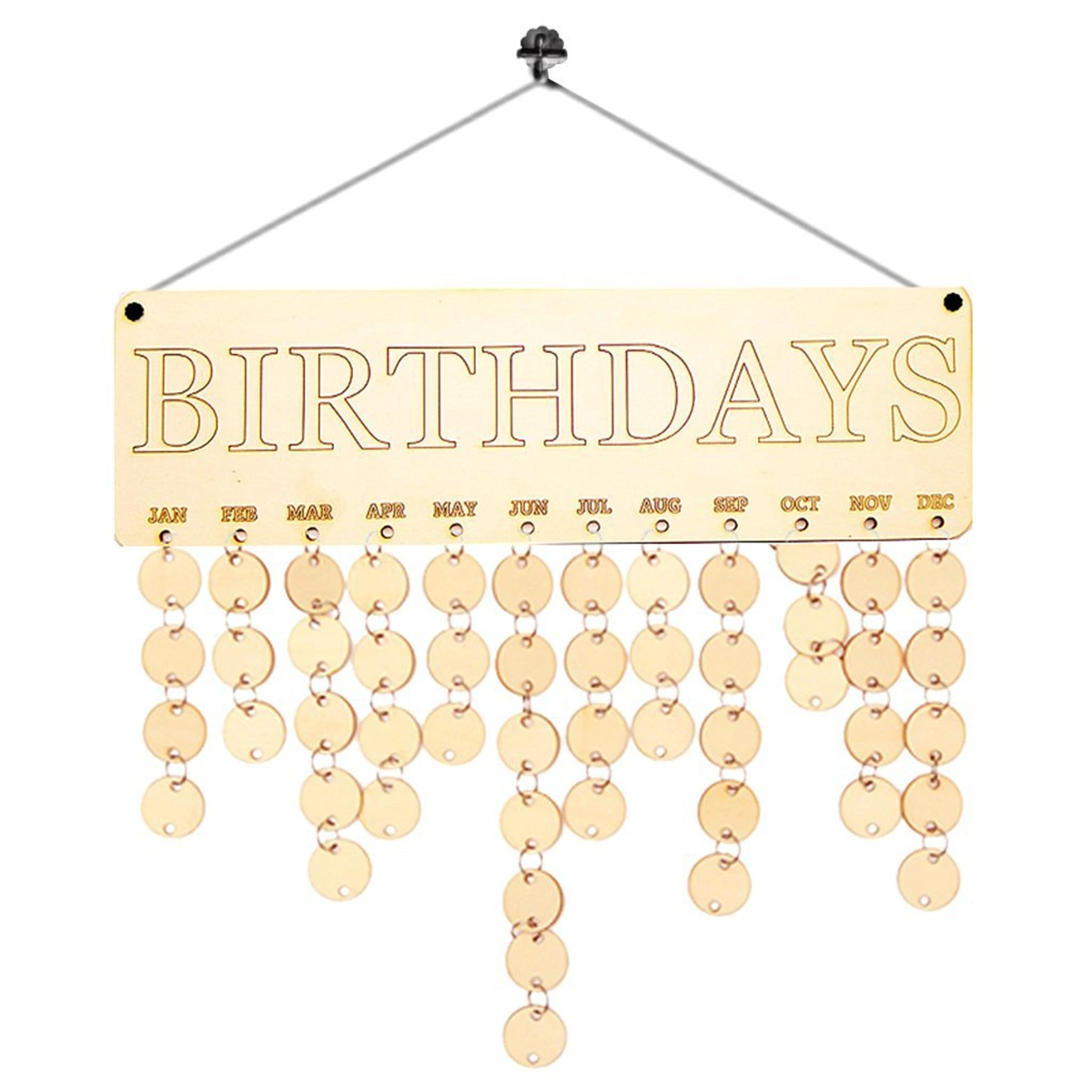 Birthday Letter Hanging Wooden Plaque Board Festival Birthday Reminder DIY Calendar Gift for Home Party Decoration (1 Plaque, 1 Rope, 50 Round Wooden Slices)