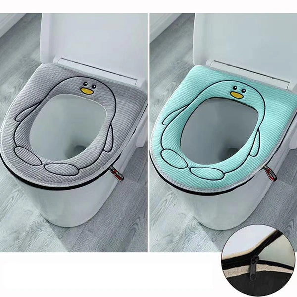 Cute Penguin Warm Plush Toilet Seat Cover Pad with Handle Zipper Washable and Reusable