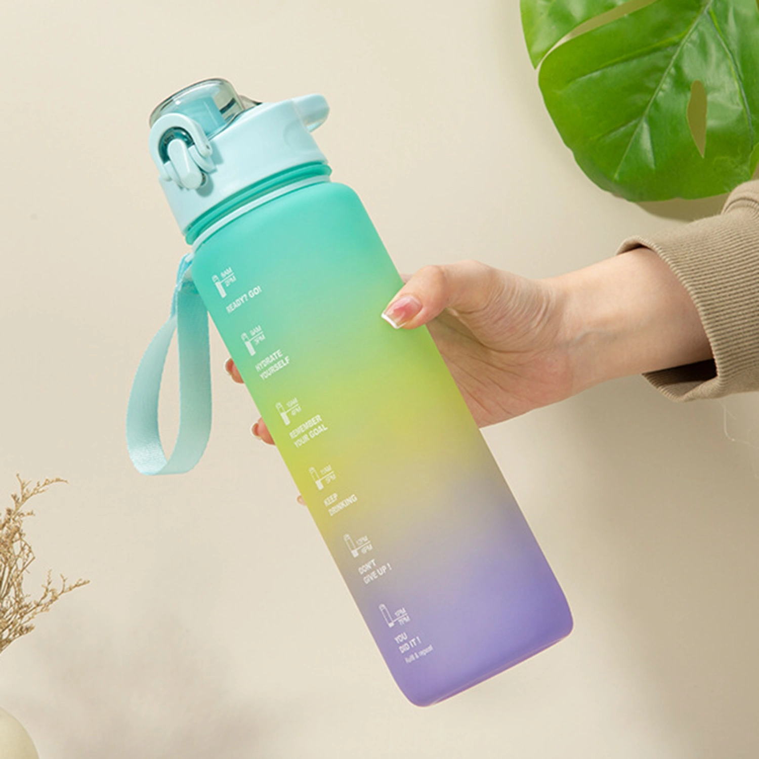 1000ML Water Cup Safety Lock Clear Scale Bouncing Lid Well Sealed Leak-proof Gradient Color Drinking Cup Home Supply