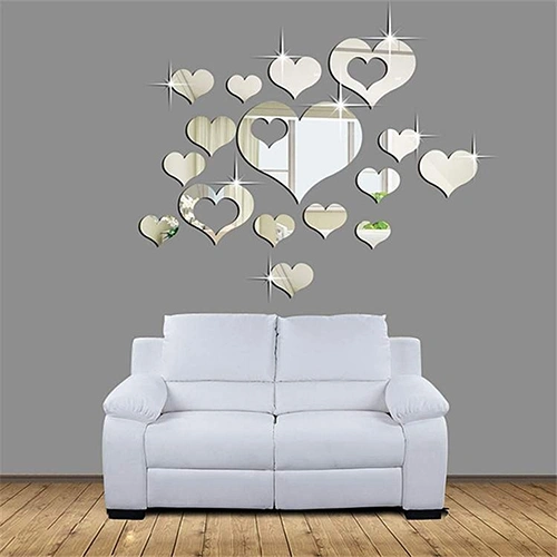 16 Pcs Silver Color Mirror Hearts Decoration DIY Plastic 3D Wall Stickers