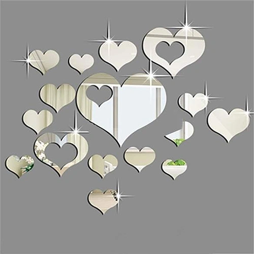 16 Pcs Silver Color Mirror Hearts Decoration DIY Plastic 3D Wall Stickers