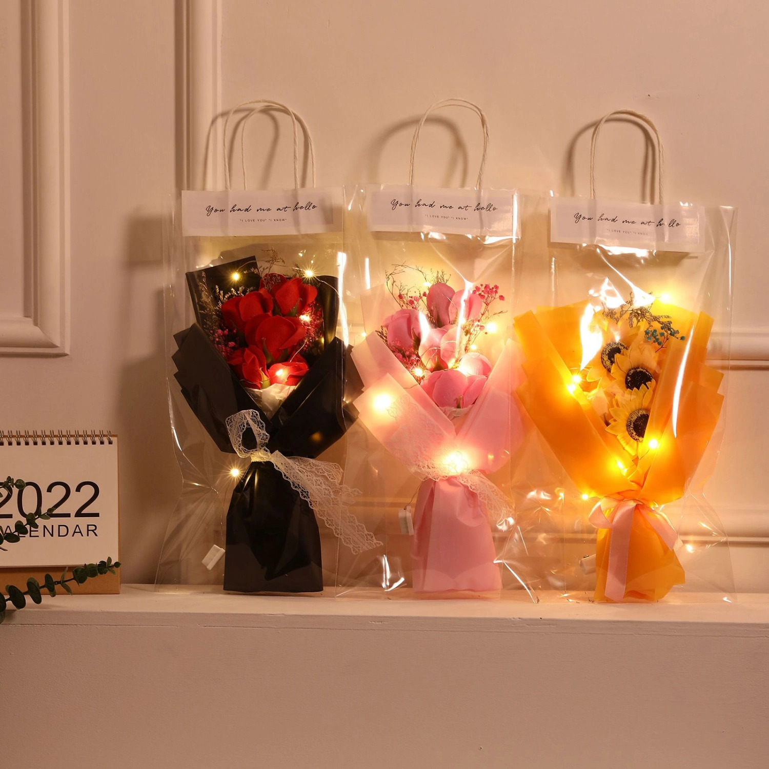Artificial Flower with Bag Glowing Romantic Mother's Day Gifts Realistic Fake Rose Dried Flower Bouquet Home Supplies