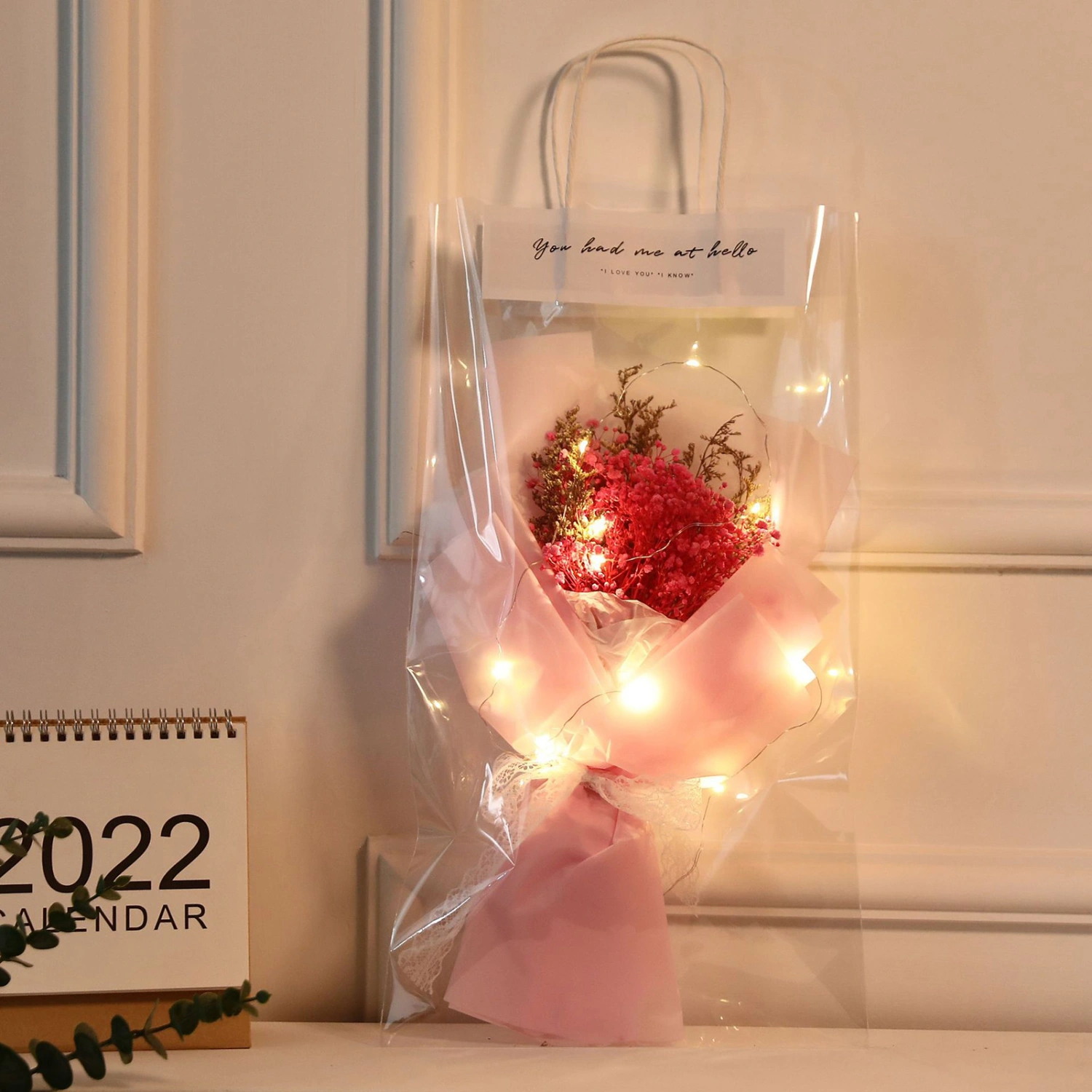 Artificial Flower with Bag Glowing Romantic Mother's Day Gifts Realistic Fake Rose Dried Flower Bouquet Home Supplies