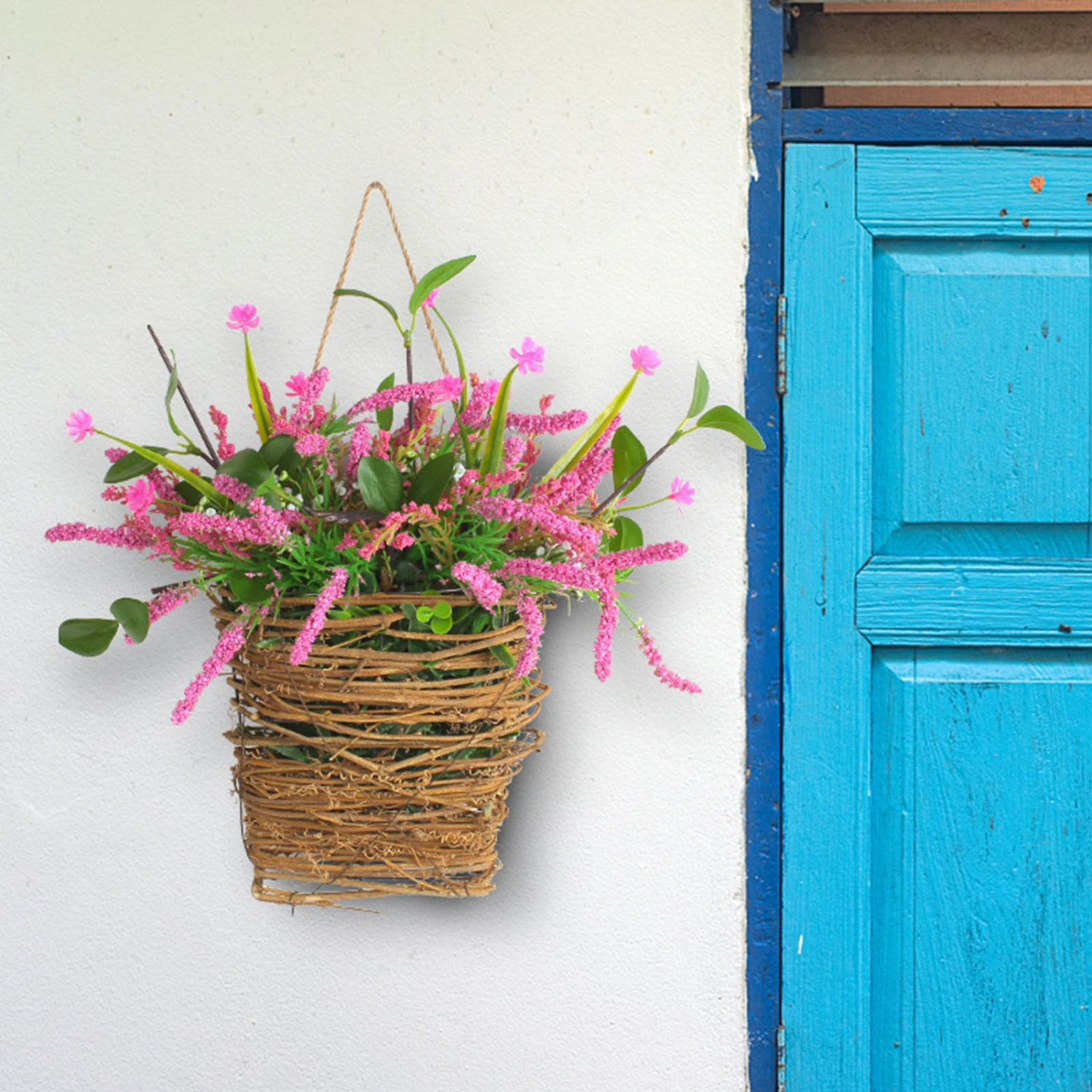Fake Flower Basket Realistic Looking No Watering Pink Berry Wildflower Door Hanger Basket Wreath Home Decor