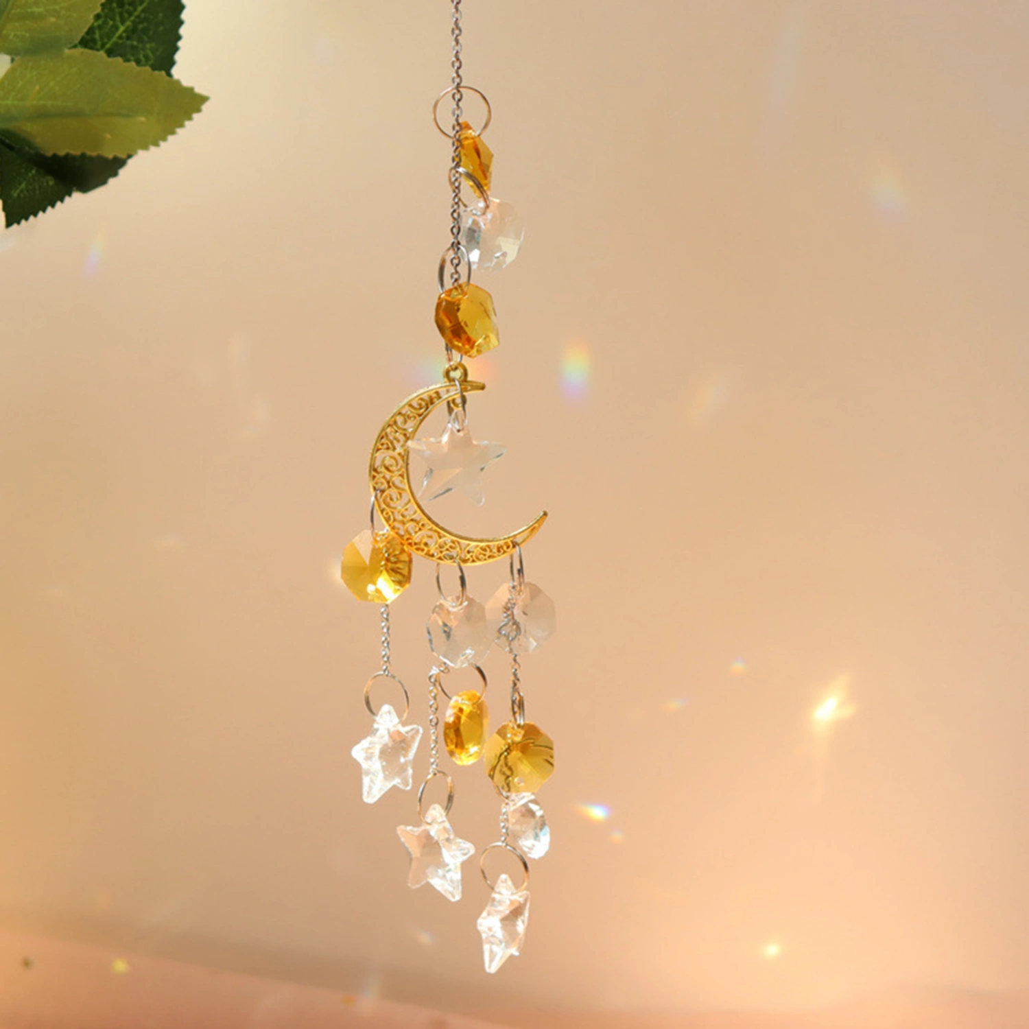 Hanging Pendant Delicate Decorative Faux Crystal Attractive Star Moon Windchime Sun Catcher for Living Room