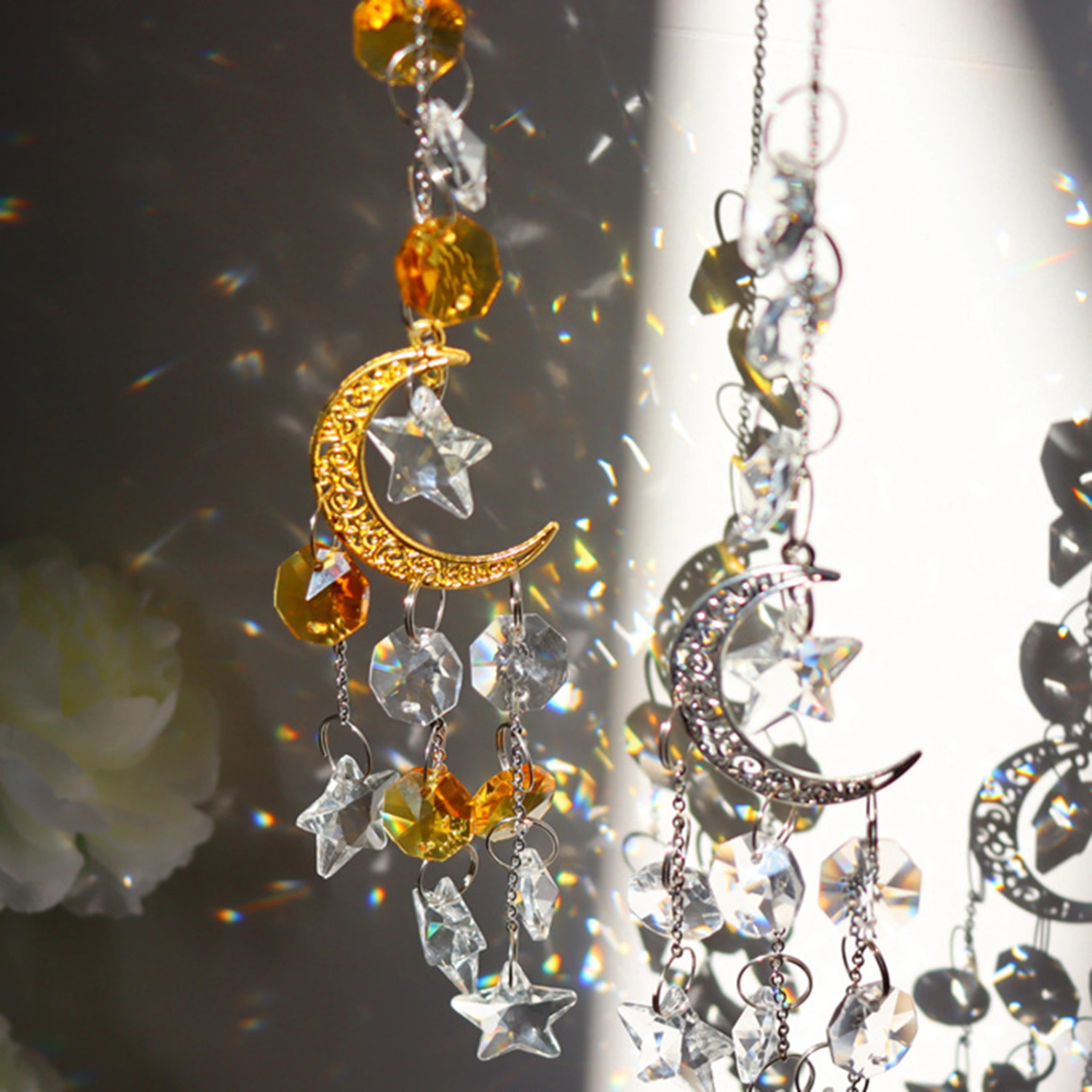 Hanging Pendant Delicate Decorative Faux Crystal Attractive Star Moon Windchime Sun Catcher for Living Room