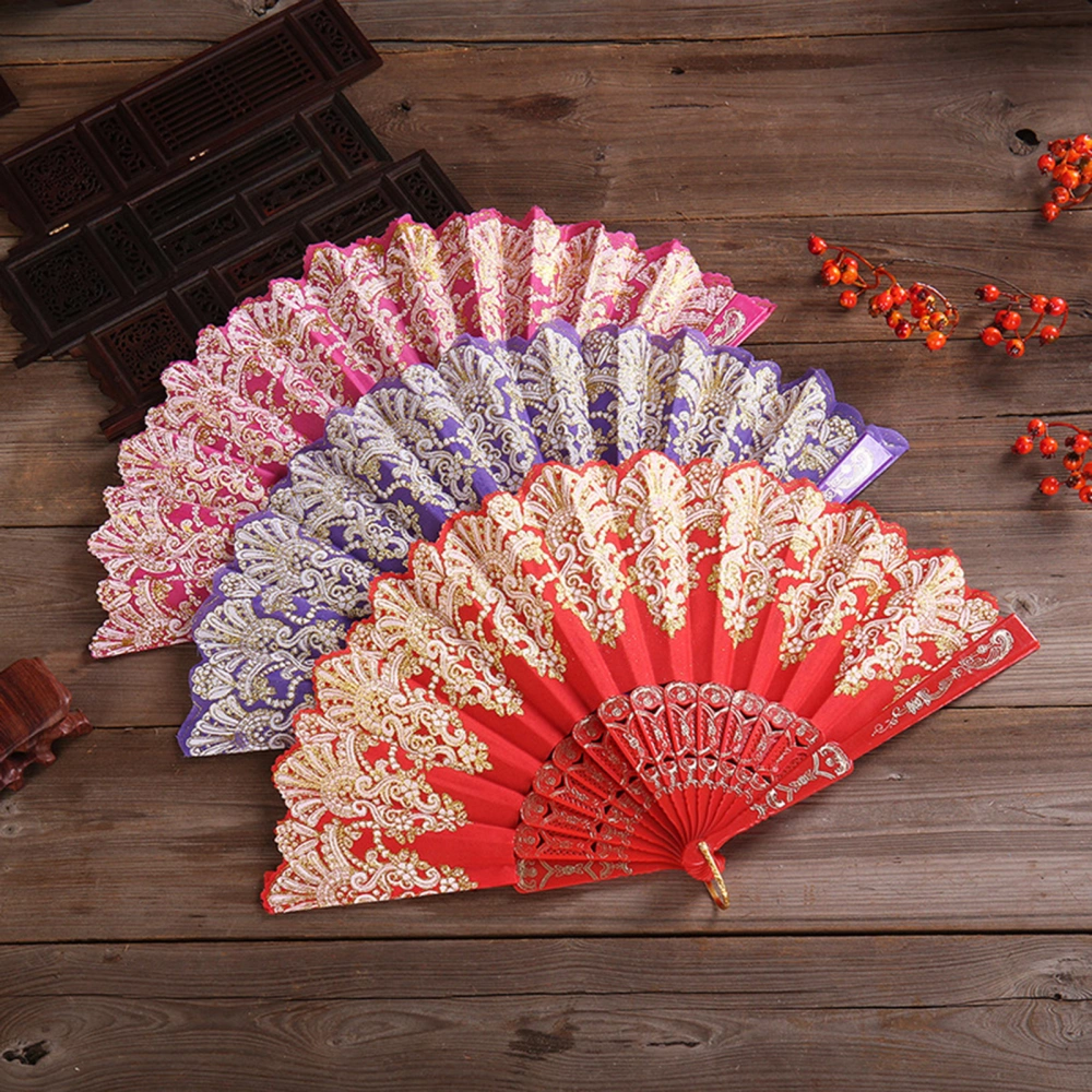 Hand Held Fan Embroidered Hot Stamping Chinese Style Art Craft Multipurpose Photography Props Exquisite Pattern Dance Retro Folding Hand Fan for Wedding