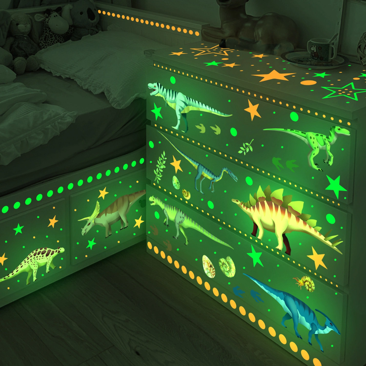 Cartoon Dinosaur Stickers Dot Star Luminous Wall Sticker Baby Kids Room Bedroom Decoration Wallpaper Glow In The Dark Home Decor Stickers
