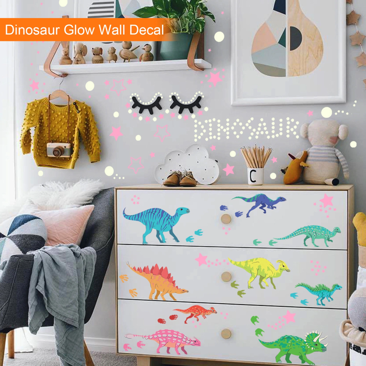 Cartoon Dinosaur Stickers Dot Star Luminous Wall Sticker Baby Kids Room Bedroom Decoration Wallpaper Glow In The Dark Home Decor Stickers