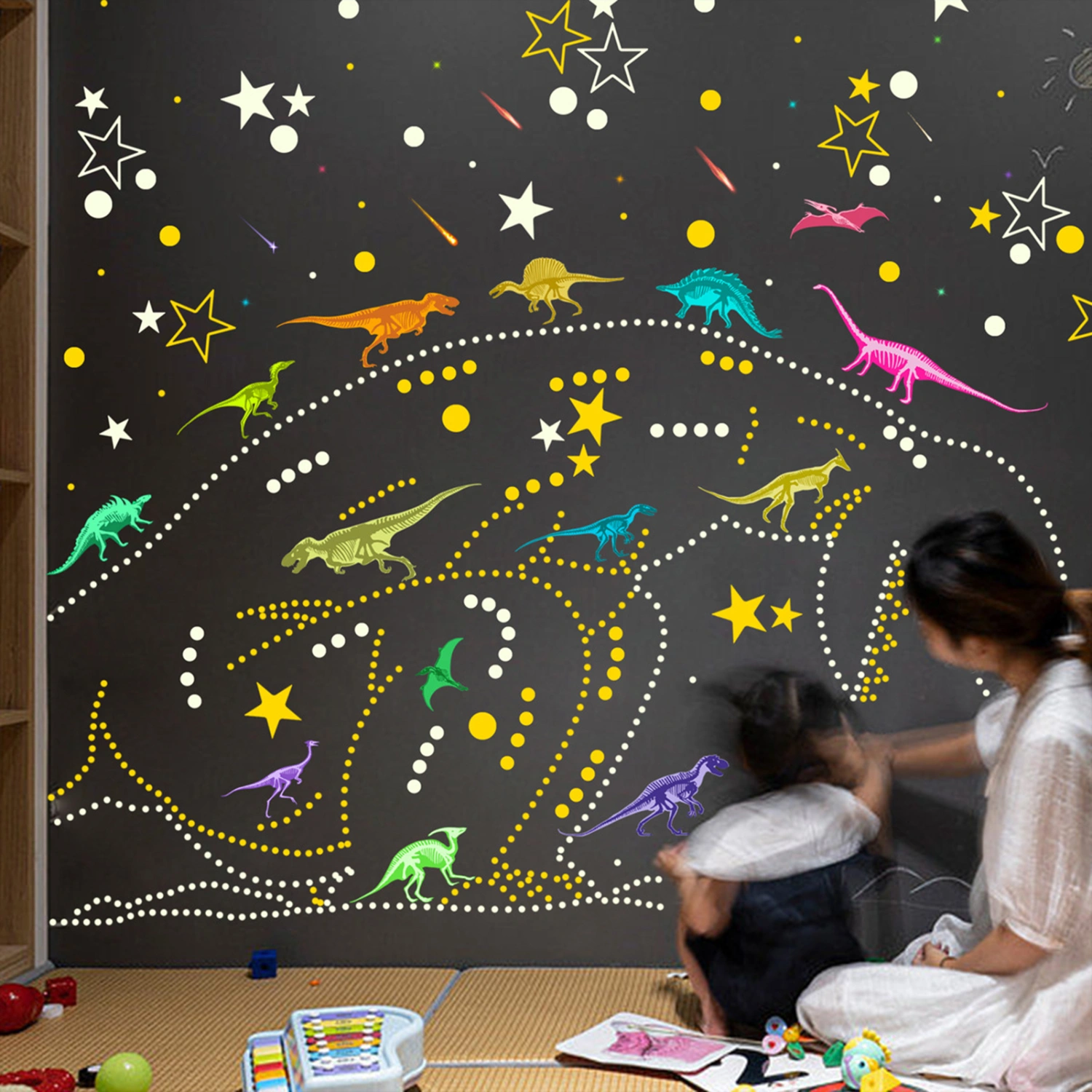 Cartoon Dinosaur Stickers Dot Star Luminous Wall Sticker Baby Kids Room Bedroom Decoration Wallpaper Glow In The Dark Home Decor Stickers